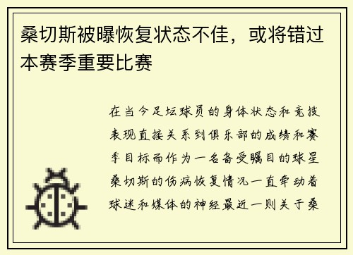 桑切斯被曝恢复状态不佳，或将错过本赛季重要比赛