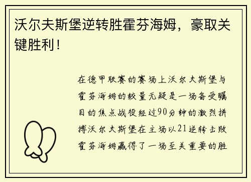 沃尔夫斯堡逆转胜霍芬海姆，豪取关键胜利！