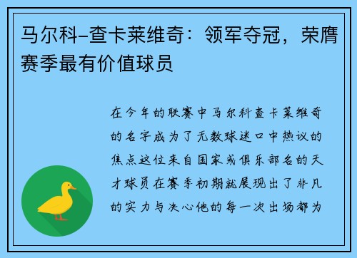 马尔科-查卡莱维奇：领军夺冠，荣膺赛季最有价值球员
