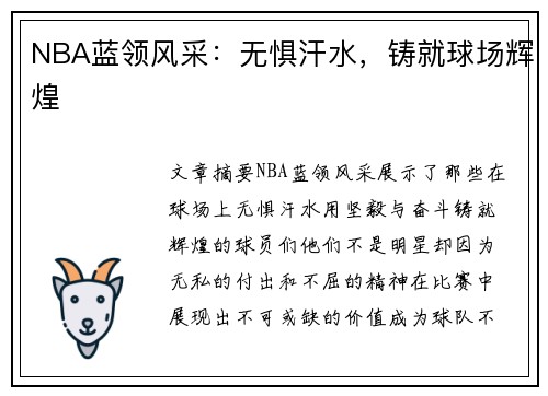 NBA蓝领风采：无惧汗水，铸就球场辉煌