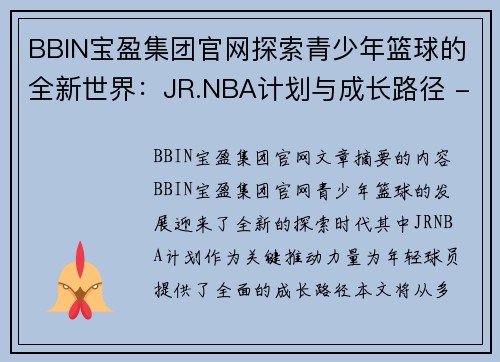 BBIN宝盈集团官网探索青少年篮球的全新世界：JR.NBA计划与成长路径 - 副本