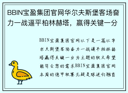 BBIN宝盈集团官网华尔夫斯堡客场奋力一战逼平柏林赫塔，赢得关键一分 - 副本